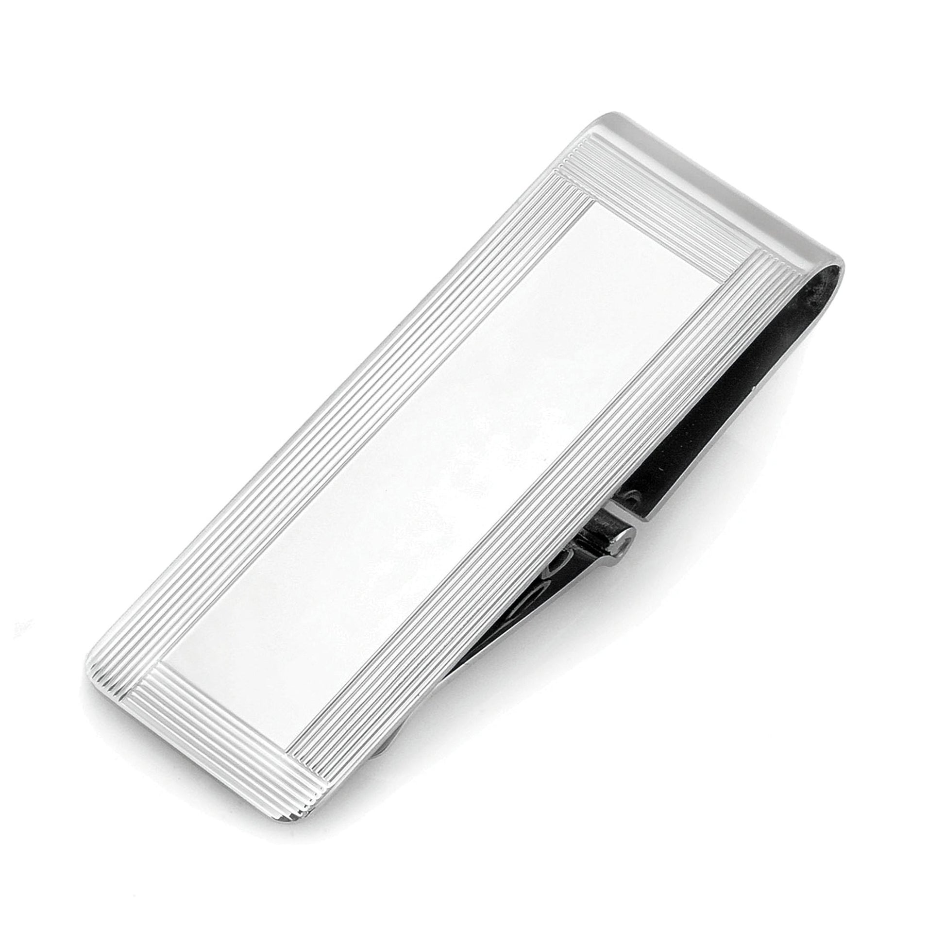 A hinged engine-turned sterling silver money clip displayed on a neutral white background.