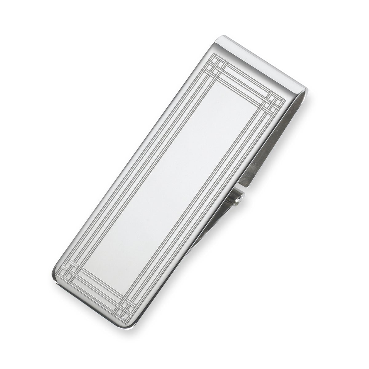 A hinged sterling silver engine-turned money clip displayed on a neutral white background.
