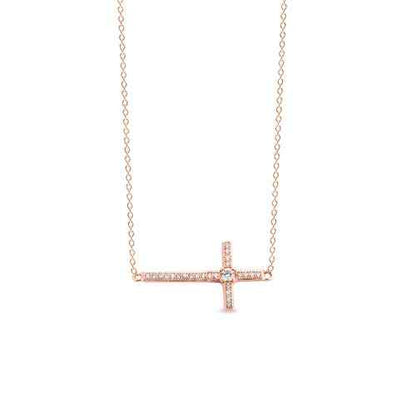 A horizontal cross necklace with simulated diamonds displayed on a neutral white background.