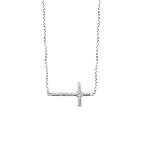 A horizontal cross necklace with simulated diamonds displayed on a neutral white background.