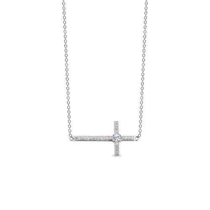 A horizontal cross necklace with simulated diamonds displayed on a neutral white background.