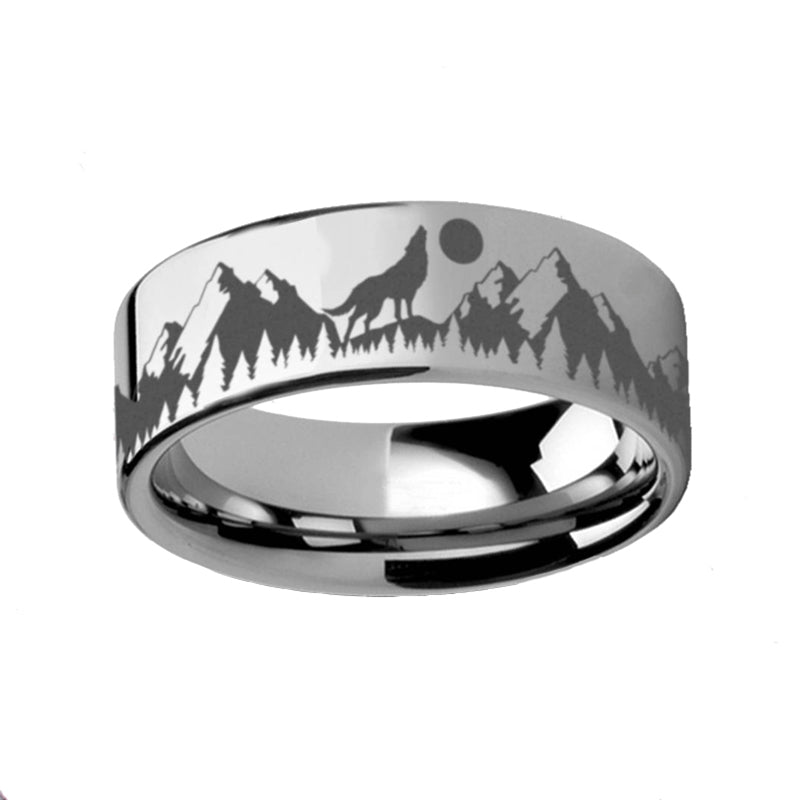 Howling Wolf Moon Engraved Tungsten Wedding Band