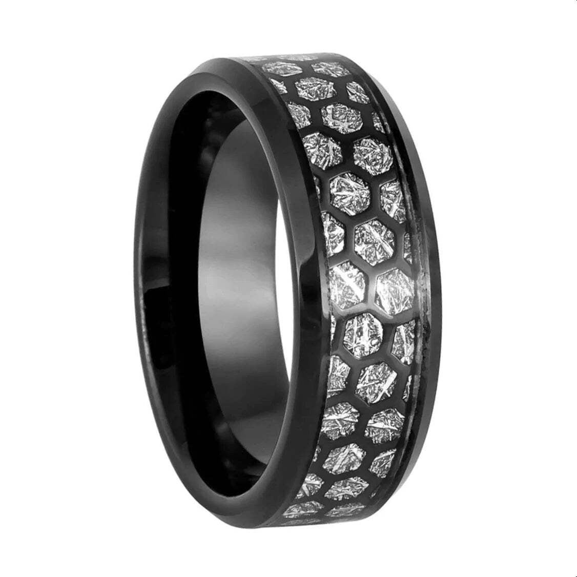 Imitation Meteorite & Hexagon Honeycomb Inlay Black Tungsten Men's Wedding Band