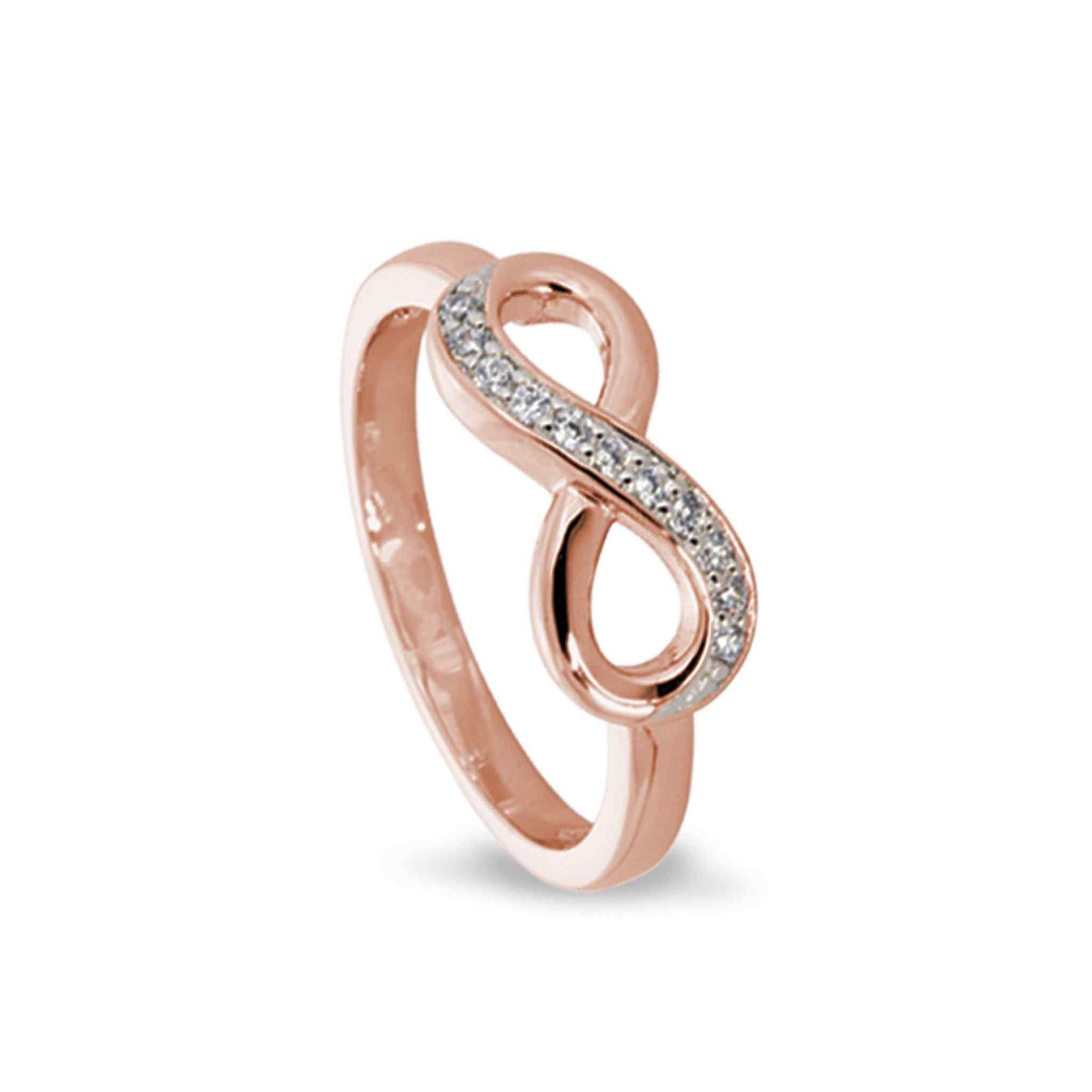 A infinity ring with simulated diamonds displayed on a neutral white background.