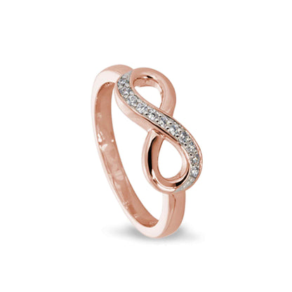 A infinity ring with simulated diamonds displayed on a neutral white background.