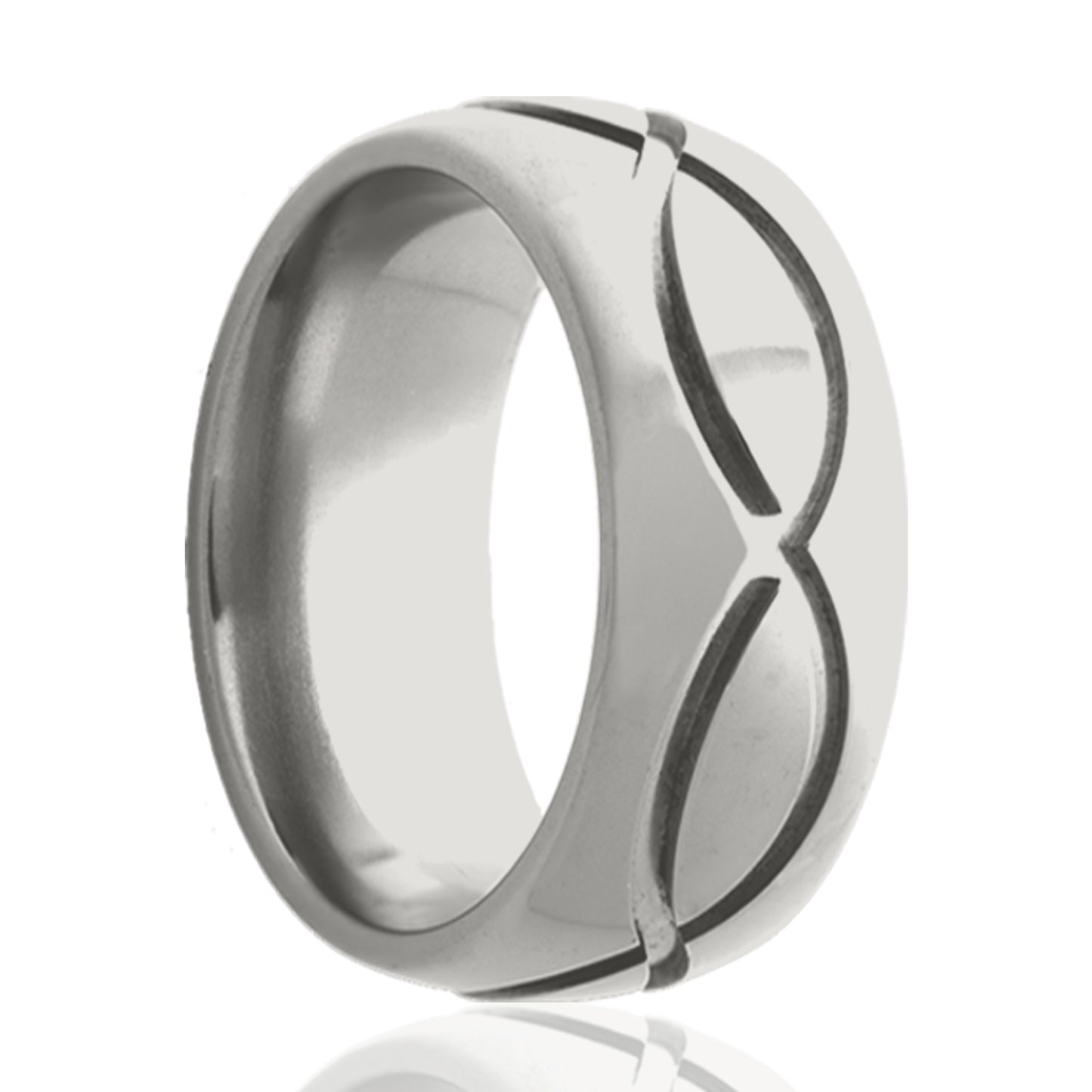 A infinity waves domed cobalt wedding band displayed on a neutral white background.