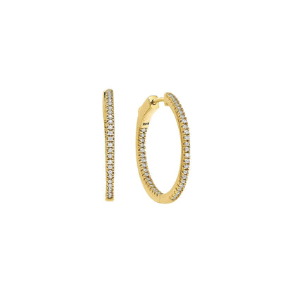 A inside out medium hoop earrings with simulated diamonds displayed on a neutral white background.