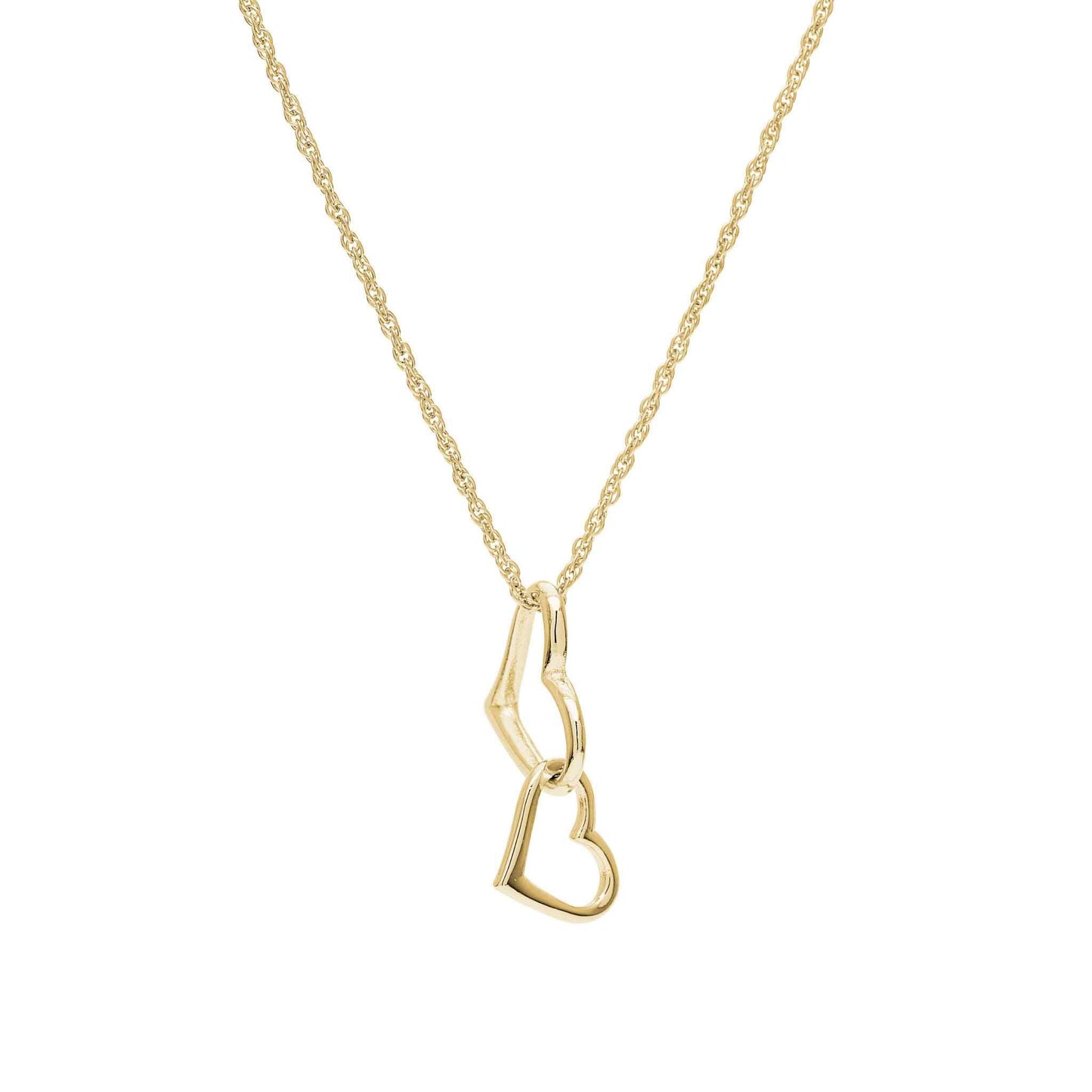 A interlocked double heart necklace displayed on a neutral white background.