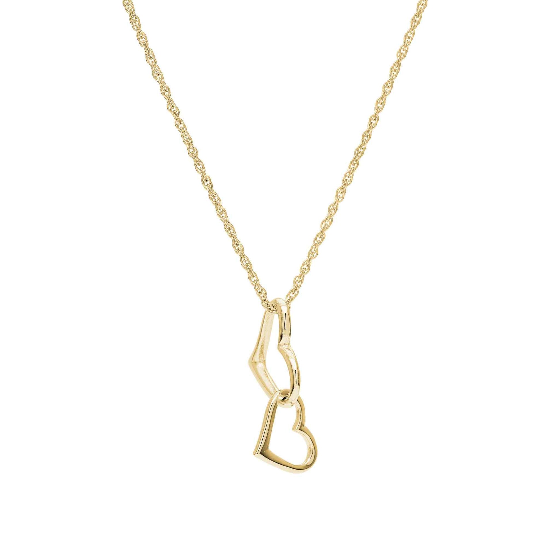 A interlocked double heart necklace displayed on a neutral white background.