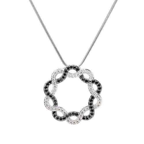 A interlocking circles necklace with white & black simulated diamonds displayed on a neutral white background.