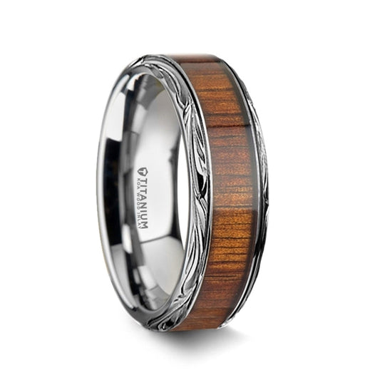 Intricate Edge Titanium Men's Wedding Band with Koa Wood Inlay