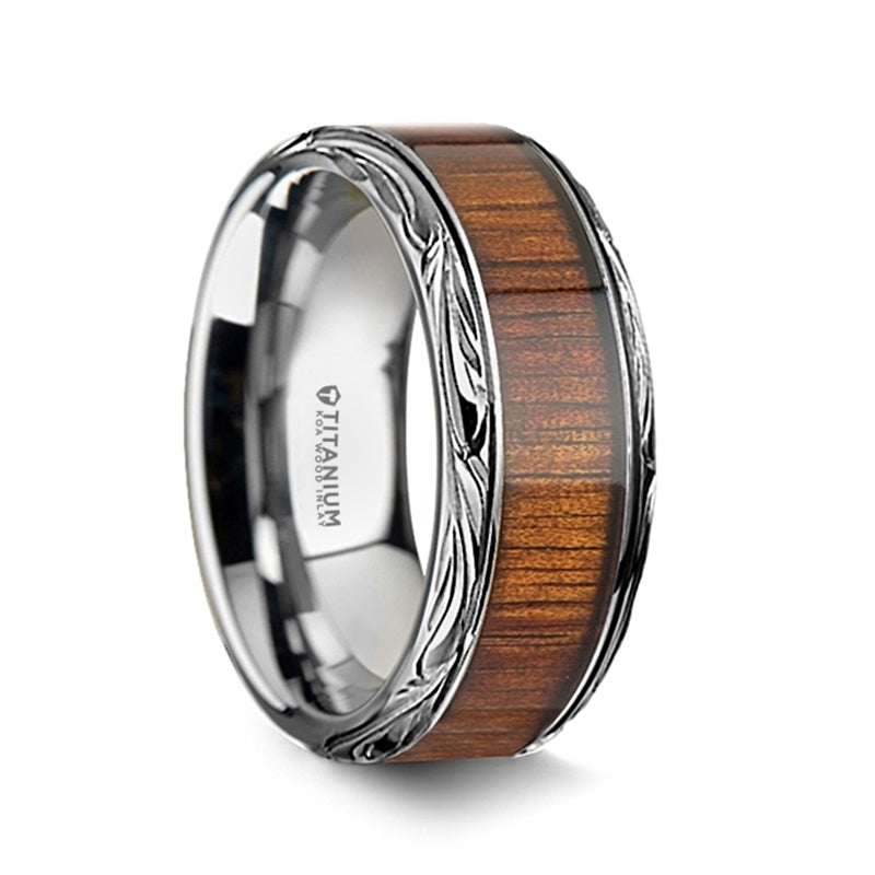 Intricate Edge Titanium Men's Wedding Band with Koa Wood Inlay