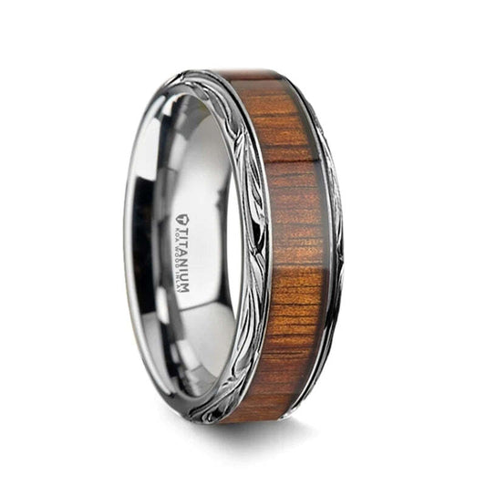Intricate Edge Titanium Women's Wedding Band with Koa Wood Inlay