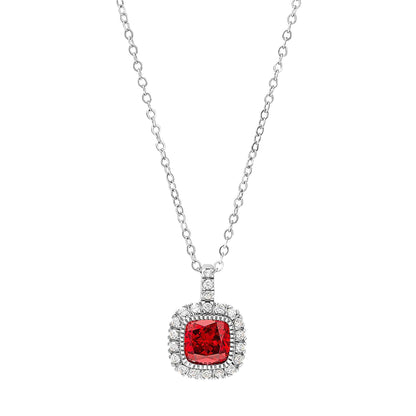 A cushion birthstone necklace with simulated diamonds displayed on a neutral white background.
