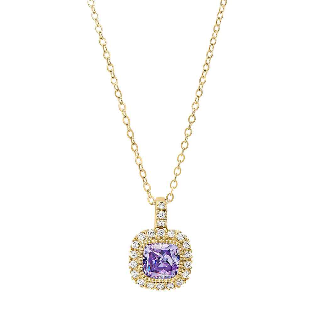 A cushion birthstone necklace with simulated diamonds displayed on a neutral white background.