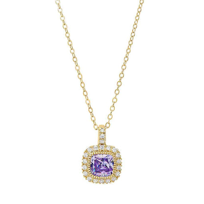A cushion birthstone necklace with simulated diamonds displayed on a neutral white background.