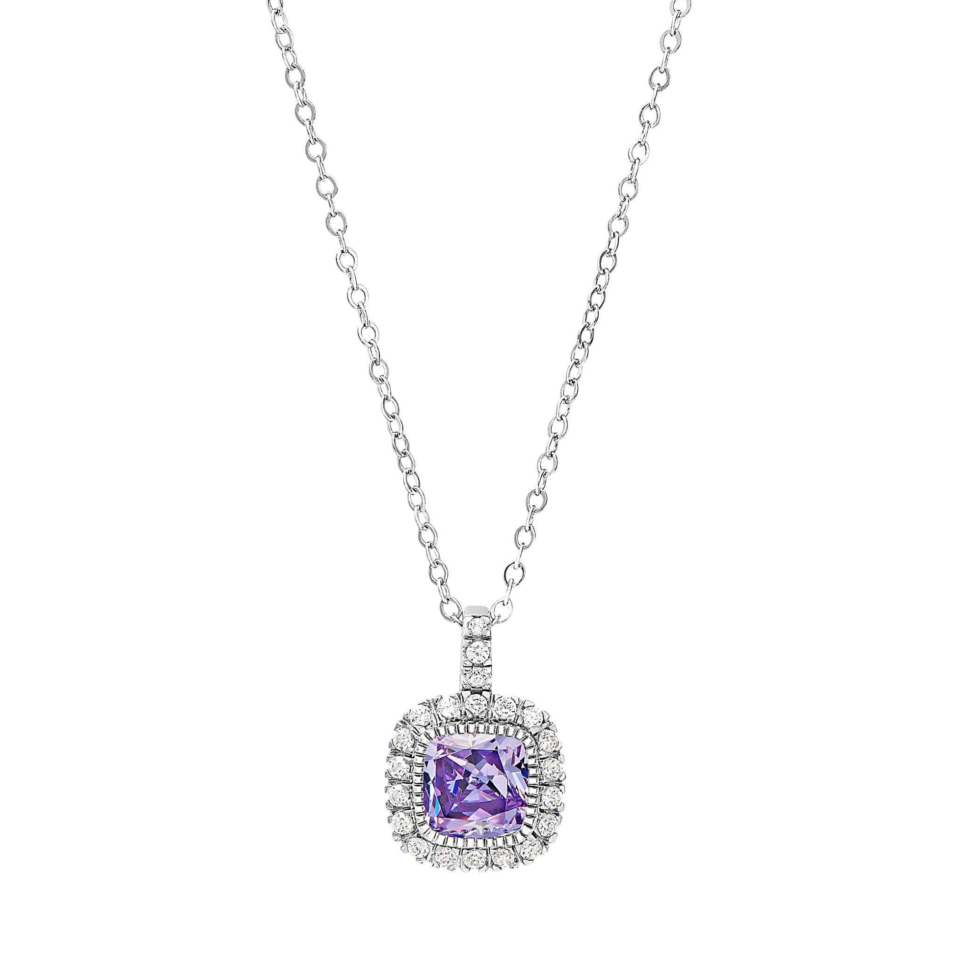 A cushion birthstone necklace with simulated diamonds displayed on a neutral white background.