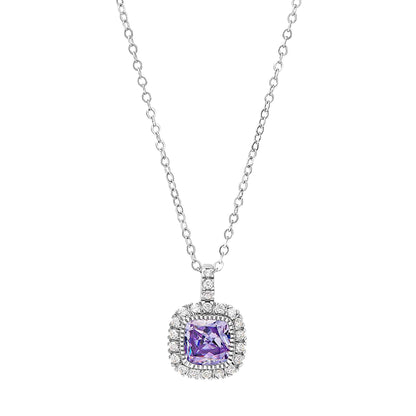 A cushion birthstone necklace with simulated diamonds displayed on a neutral white background.