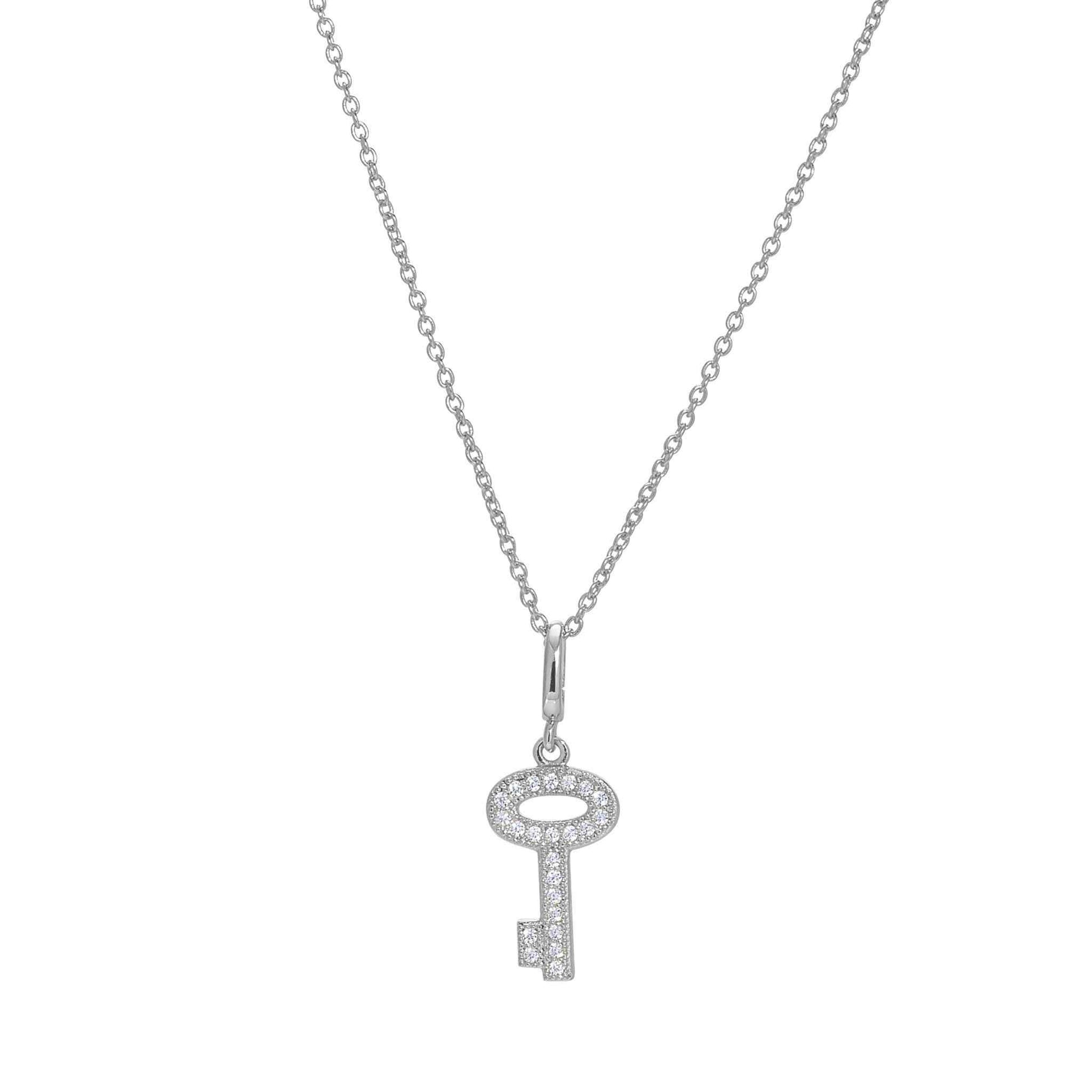 A key necklace with simulated diamonds displayed on a neutral white background.