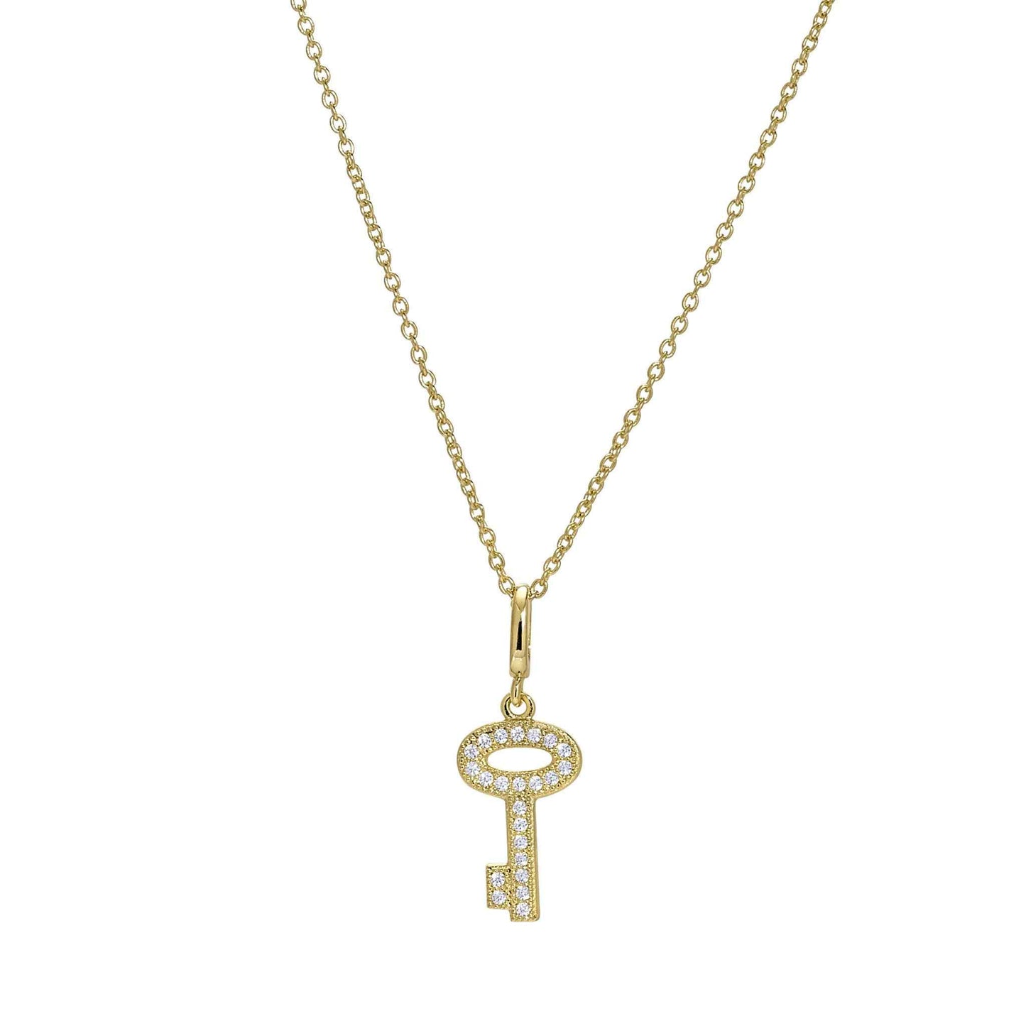 A key necklace with simulated diamonds displayed on a neutral white background.