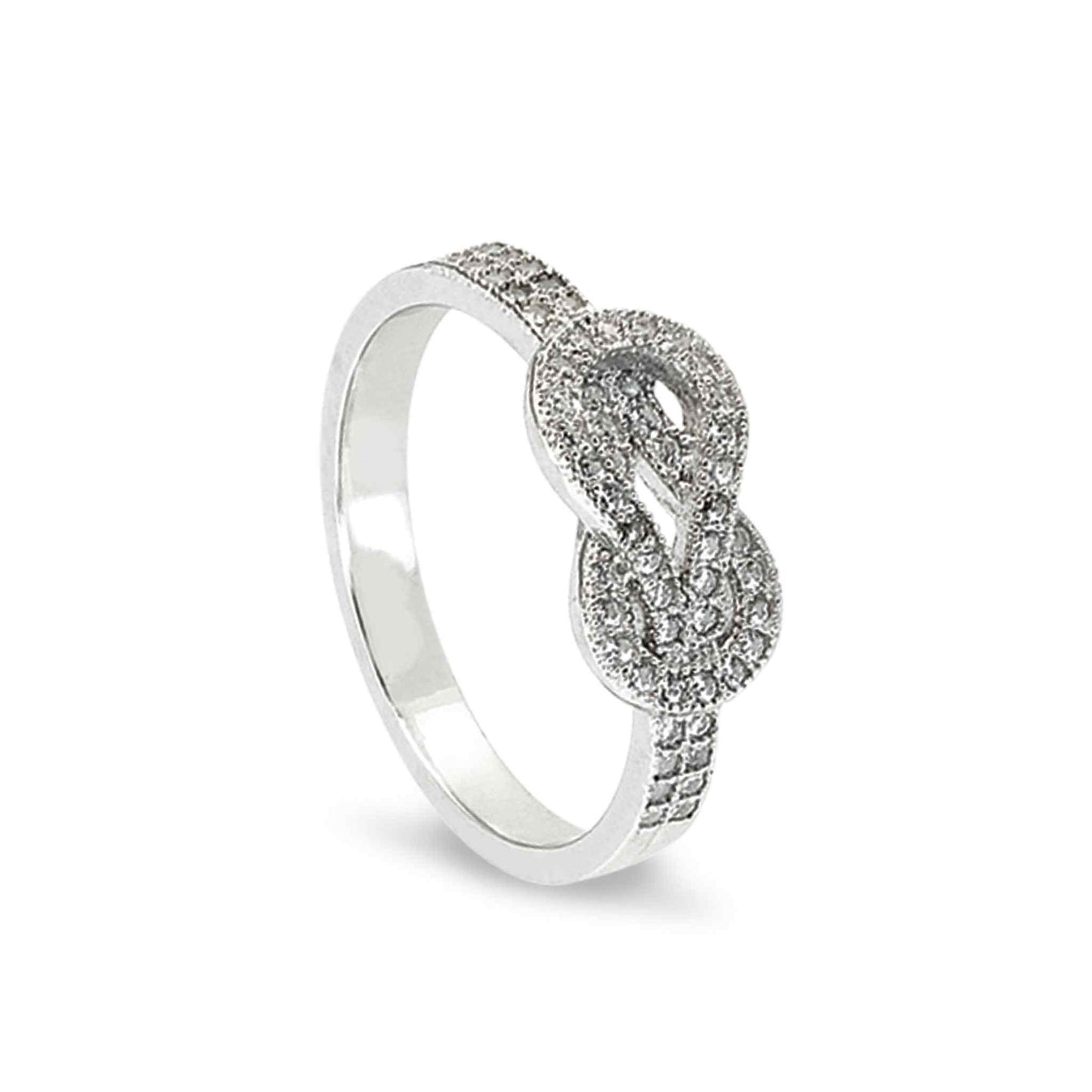 A knot ring with simulated diamonds displayed on a neutral white background.