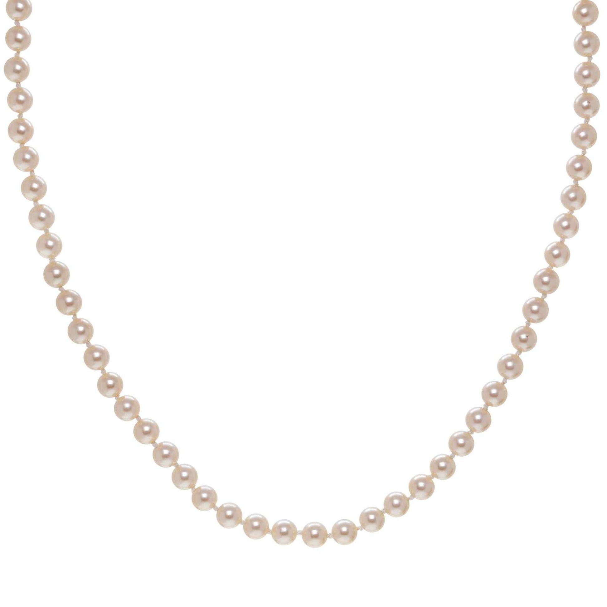 A knotted black glass pearl necklace displayed on a neutral white background.