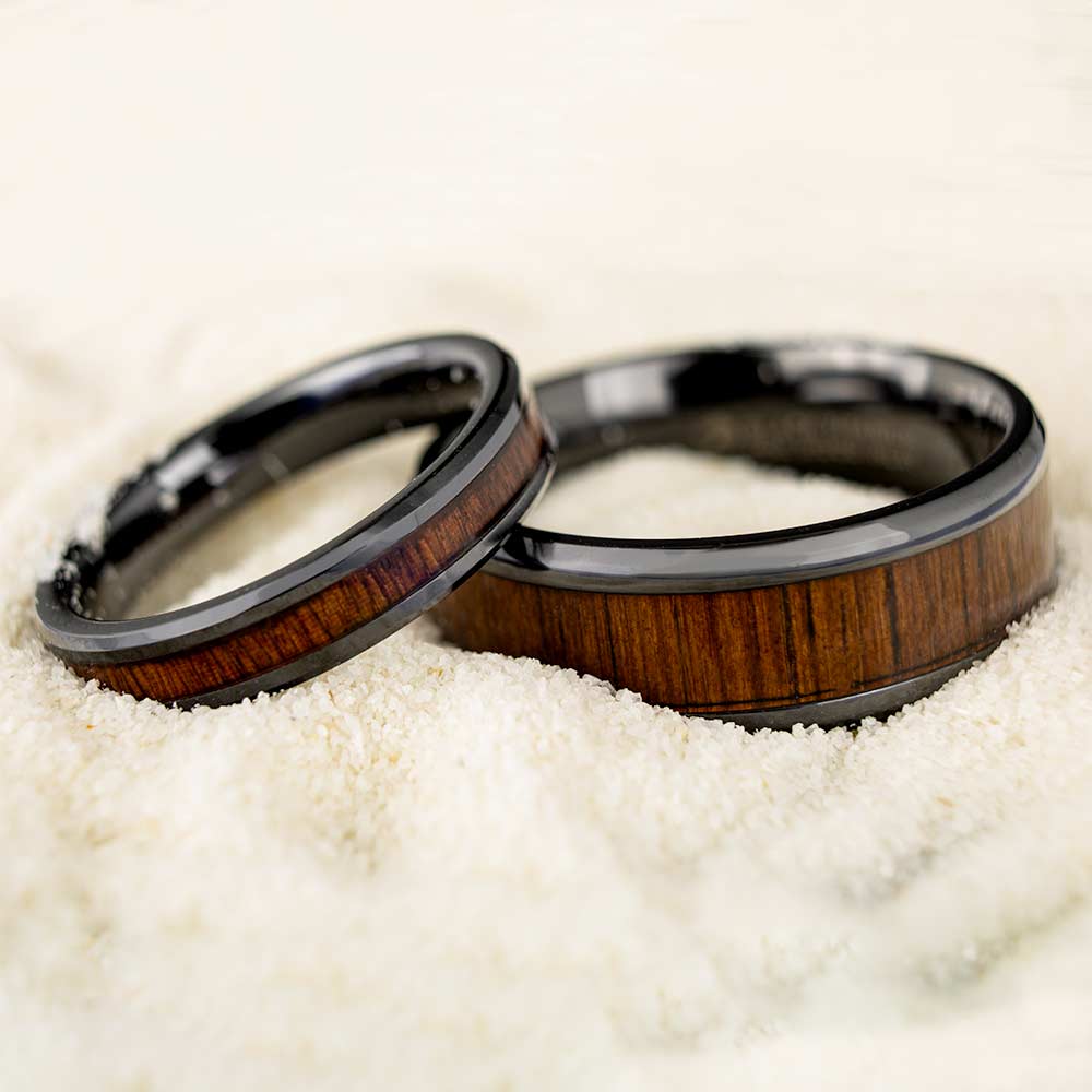 Koa Wood Inlaid Black Ceramic Couple's Matching Wedding Band Set