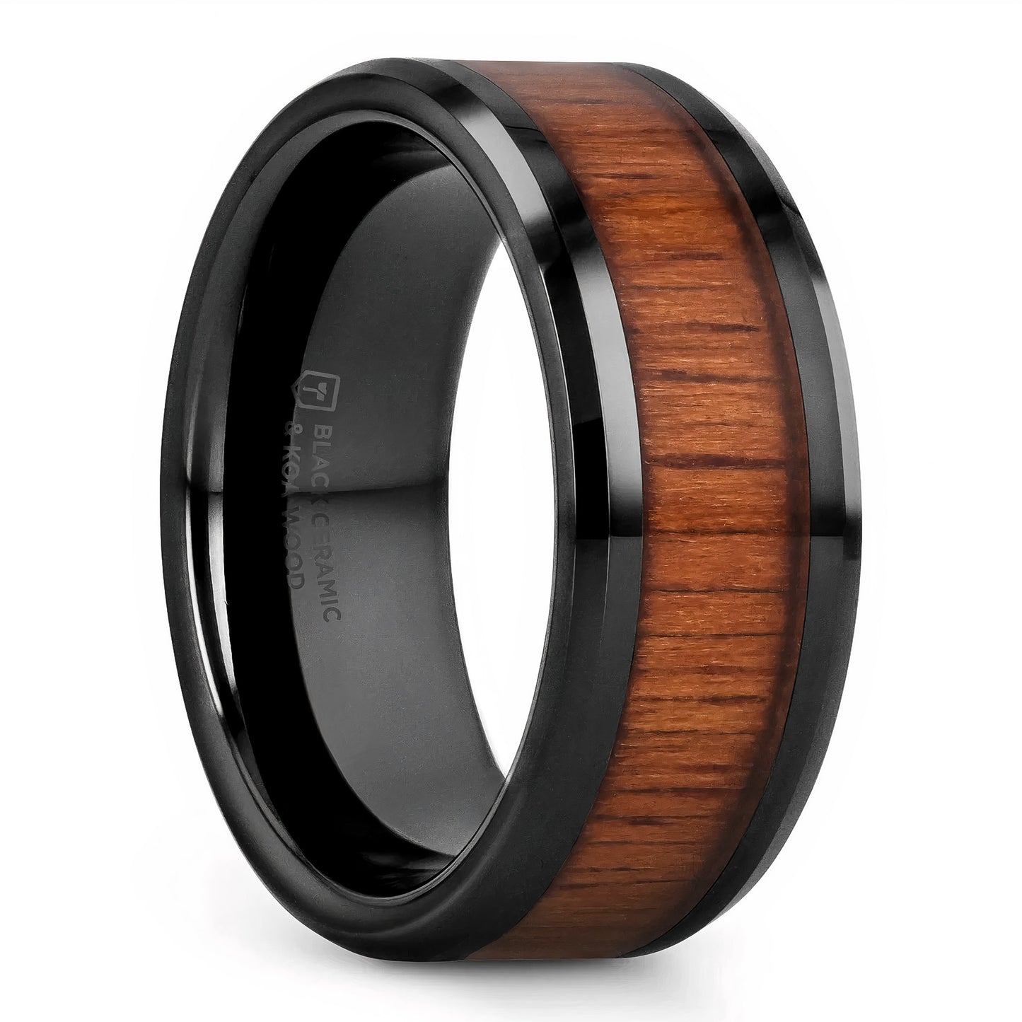 Black Ceramic Men's Wedding Band with Koa Wood Inlay