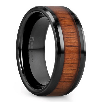 Black Ceramic Men's Wedding Band with Koa Wood Inlay