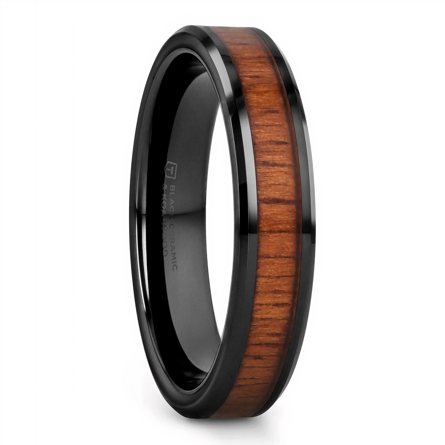 Black Ceramic Men's Wedding Band with Koa Wood Inlay