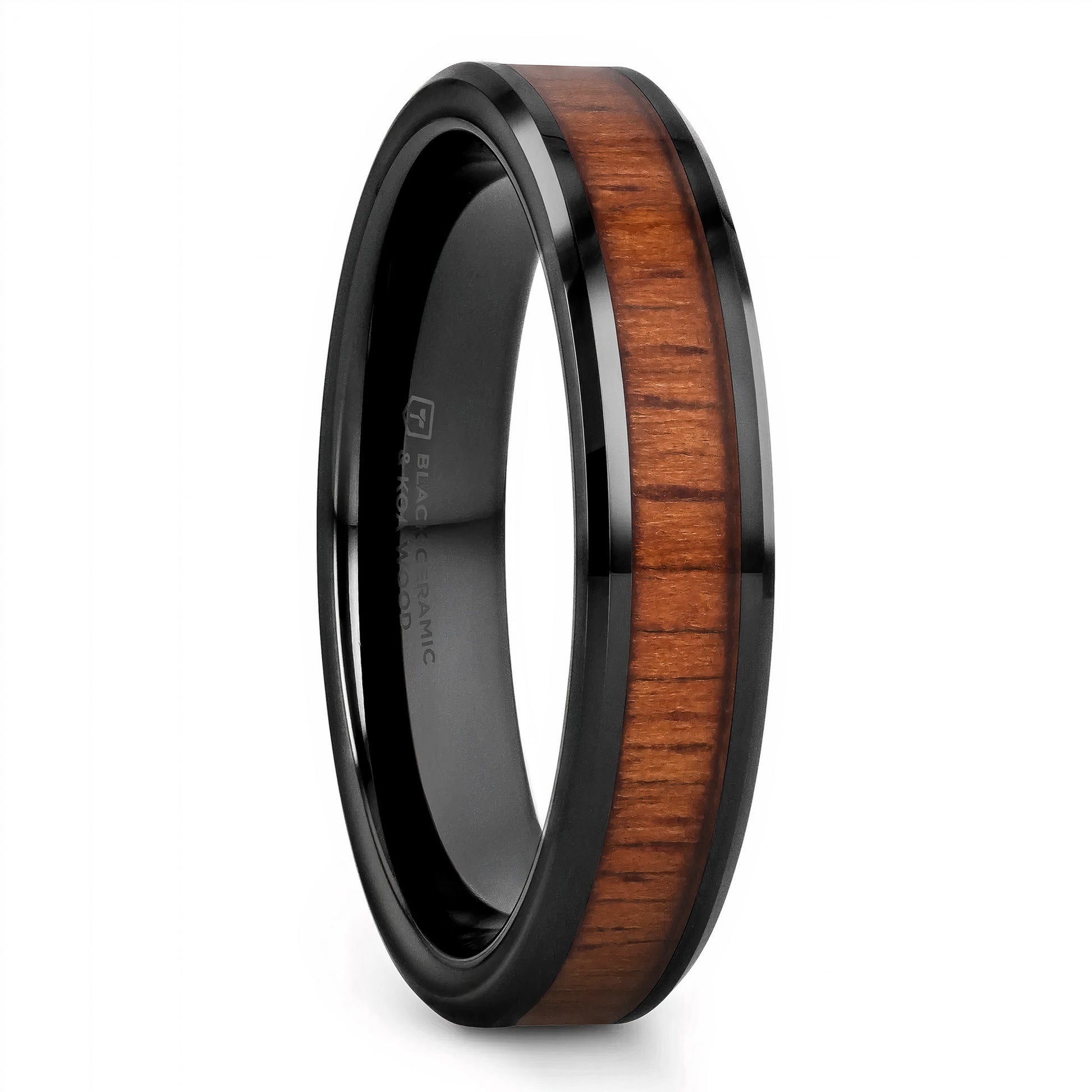 Black Ceramic Men's Wedding Band with Koa Wood Inlay