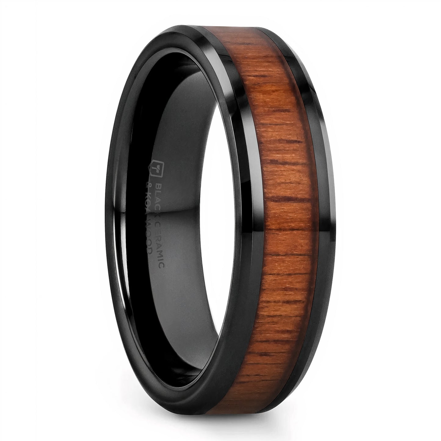 Black Ceramic Men's Wedding Band with Koa Wood Inlay