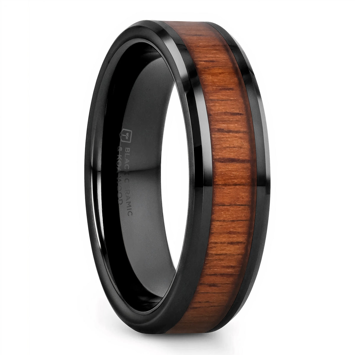 Black Ceramic Men's Wedding Band with Koa Wood Inlay