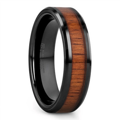 Black Ceramic Men's Wedding Band with Koa Wood Inlay