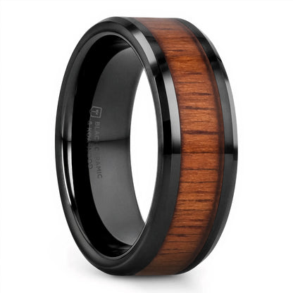 Black Ceramic Men's Wedding Band with Koa Wood Inlay