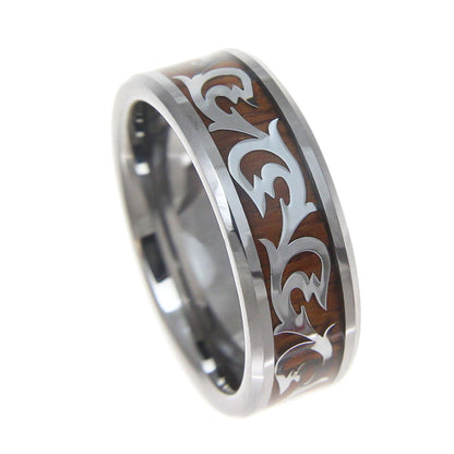 Koa Wood Inlaid Men's Tungsten Band with Scroll Pattern
