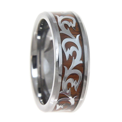 Koa Wood Inlaid Men's Tungsten Band with Scroll Pattern