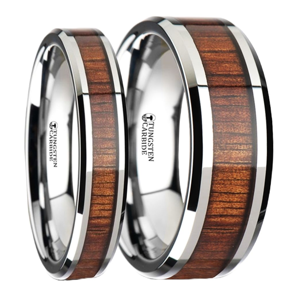 Koa Wood Inlaid Tungsten Carbide Couple's Matching Wedding Band Set