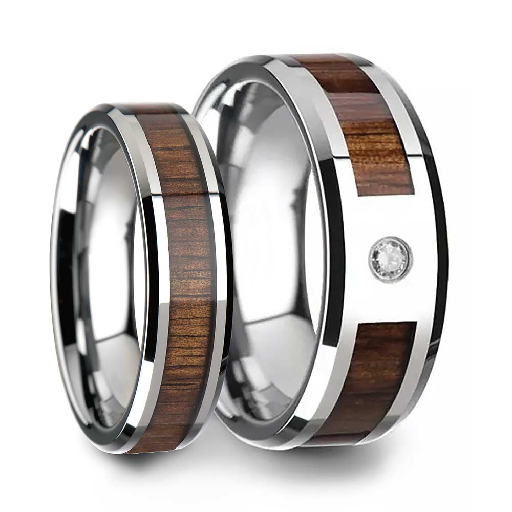 Koa Wood Inlaid Tungsten Couple's Matching Wedding Band Set
