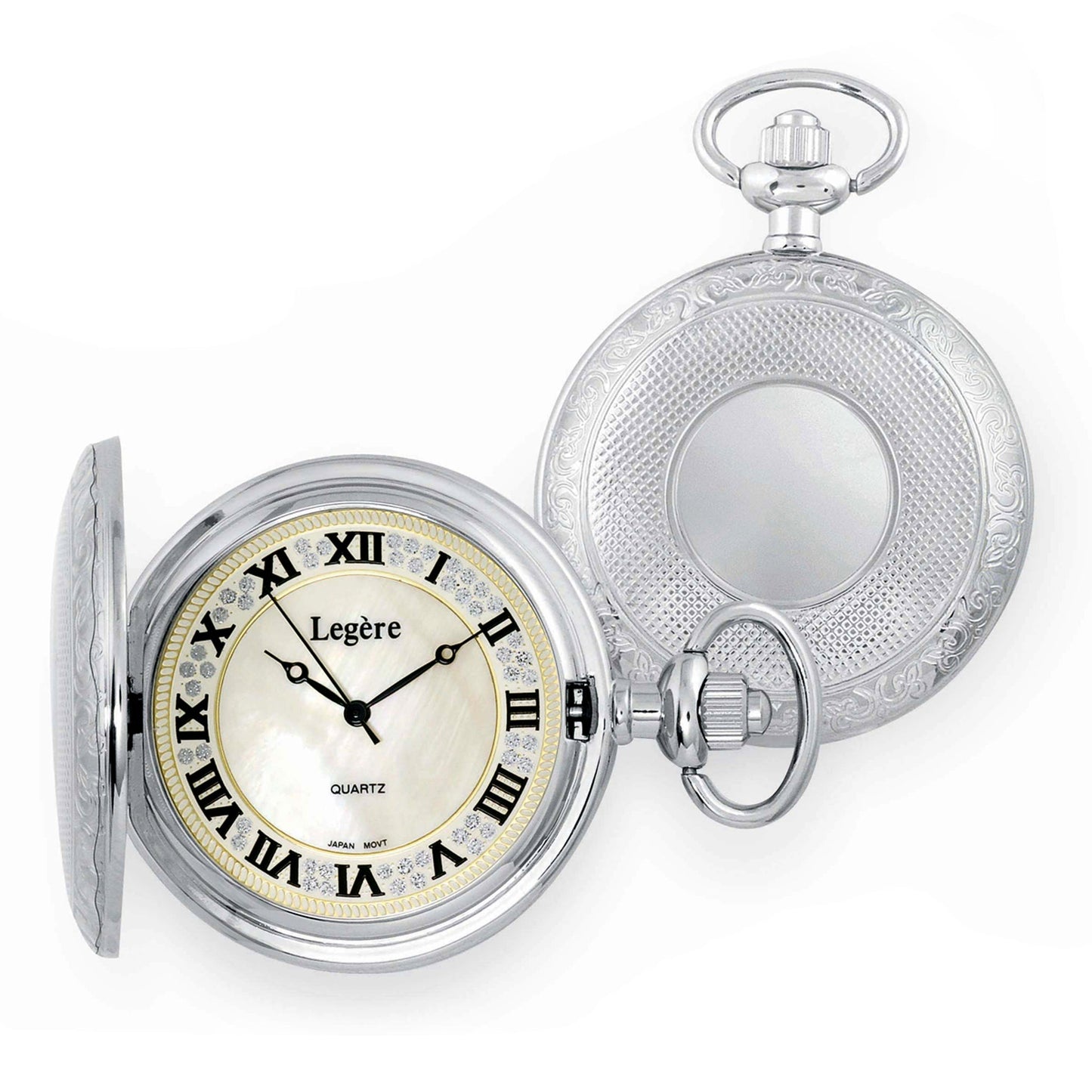 A pocket watch with mother of pearl dial displayed on a neutral white background.