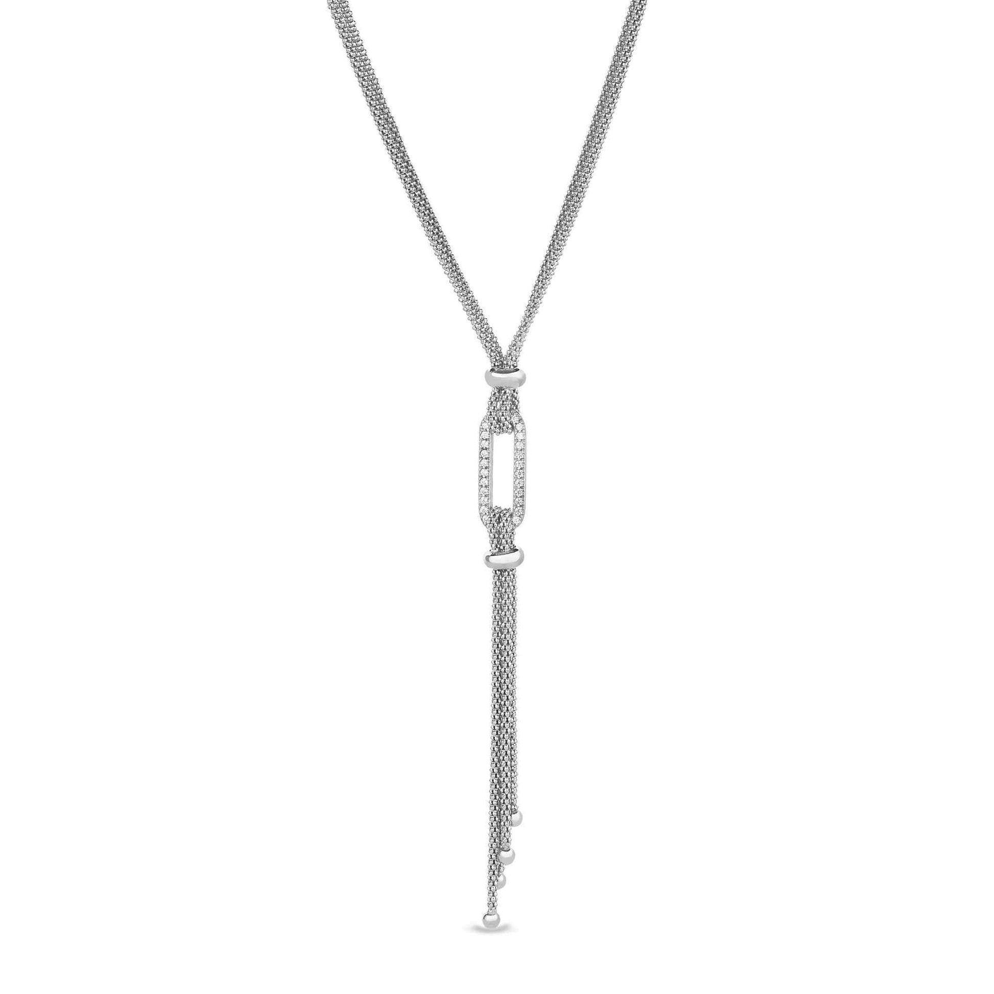 A lariat necklace with simulated diamond paperclip accent displayed on a neutral white background.