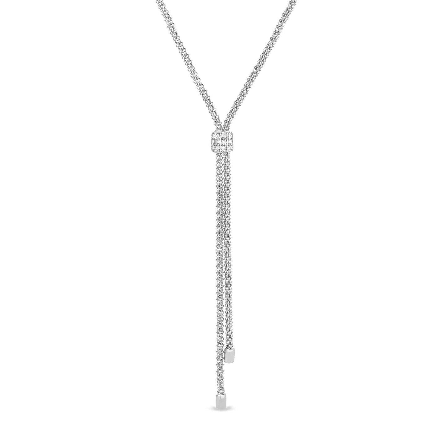 A lariat necklace with simulated diamond square accent displayed on a neutral white background.