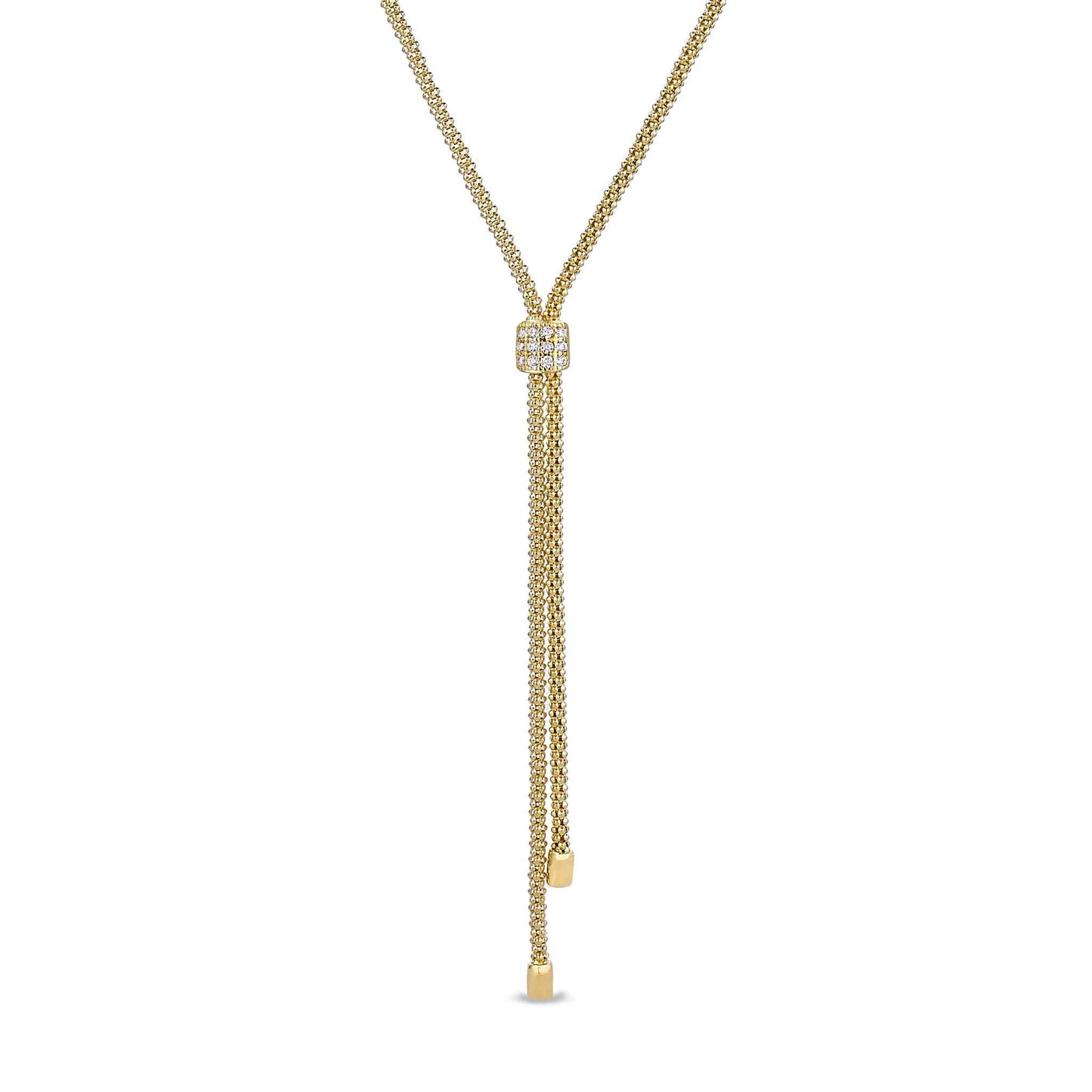 A lariat necklace with simulated diamond square accent displayed on a neutral white background.