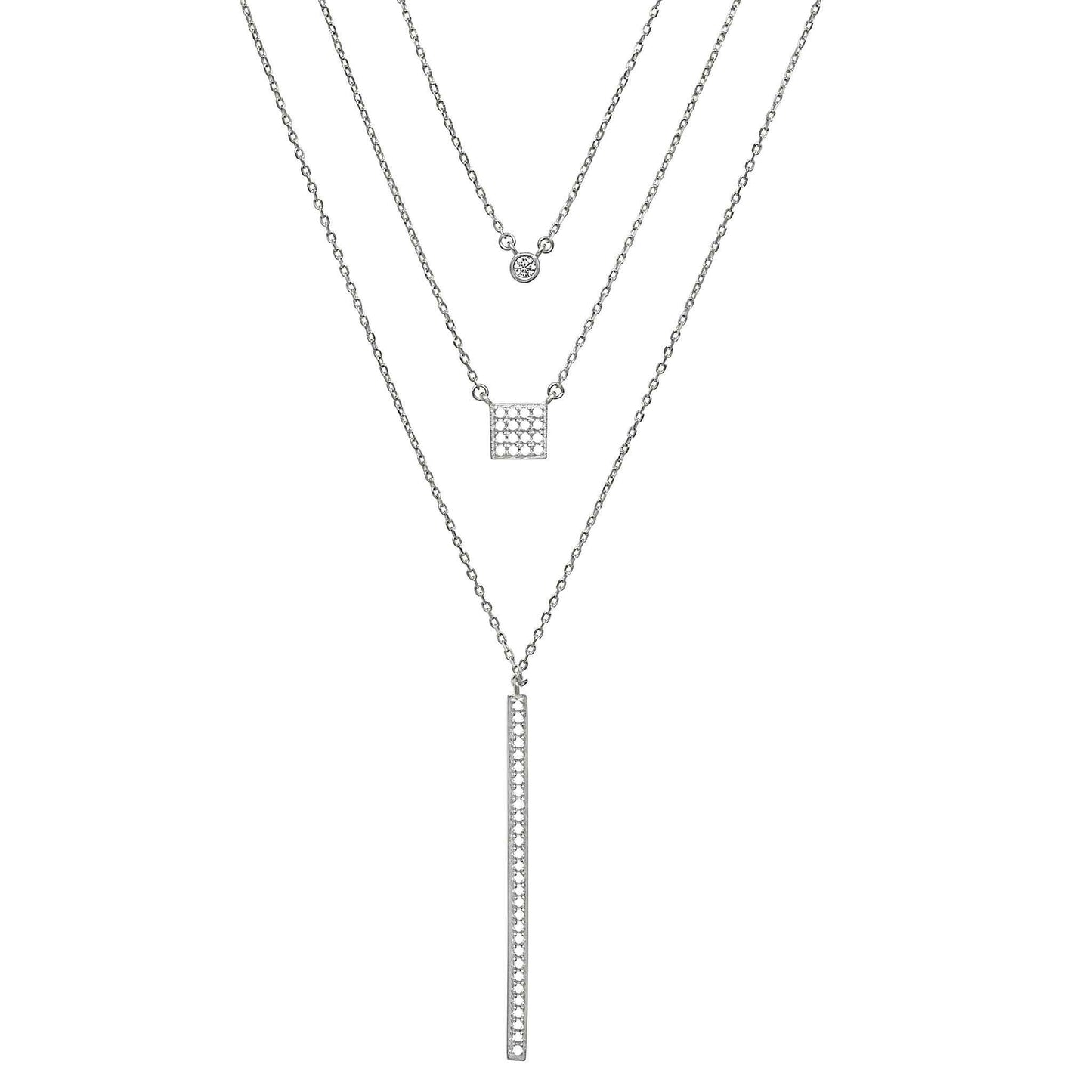 A layered sterling silver necklace with simulated diamonds displayed on a neutral white background.