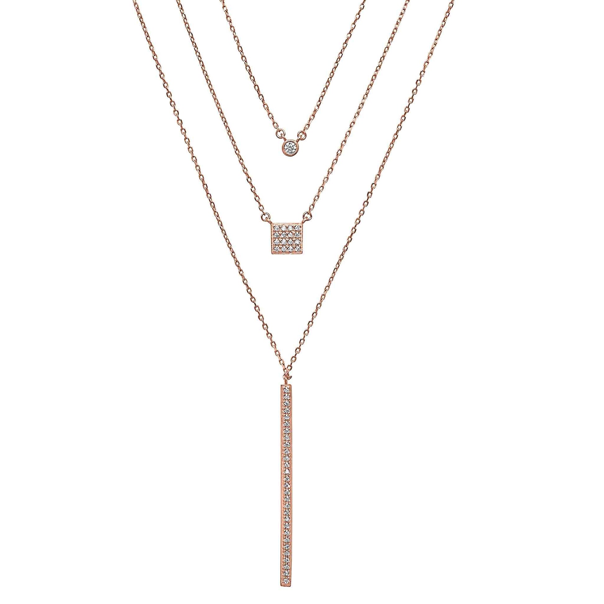 A layered sterling silver necklace with simulated diamonds displayed on a neutral white background.