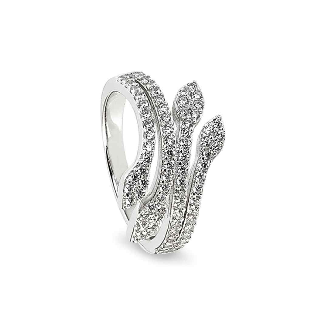A leaf ring with simulated diamonds displayed on a neutral white background.