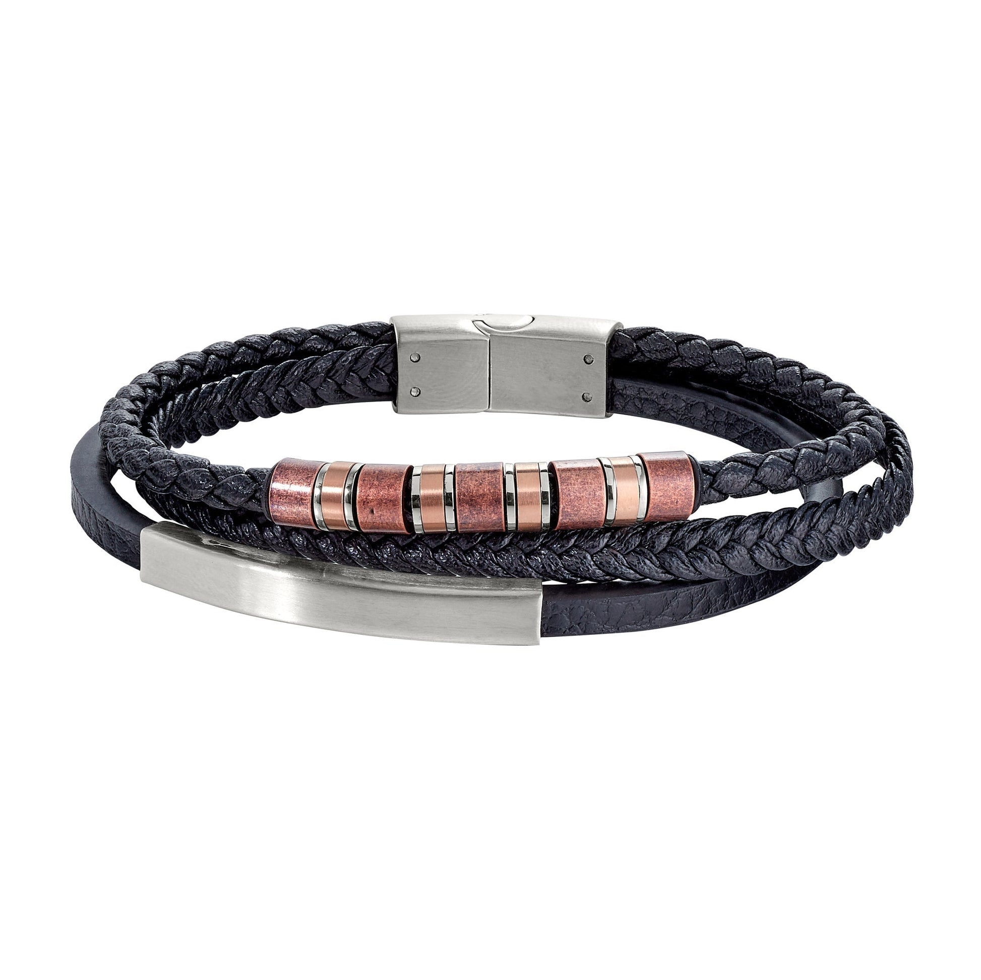 A leather 3 cord men's bracelet with stainless steel bar & spiral accents displayed on a neutral white background.