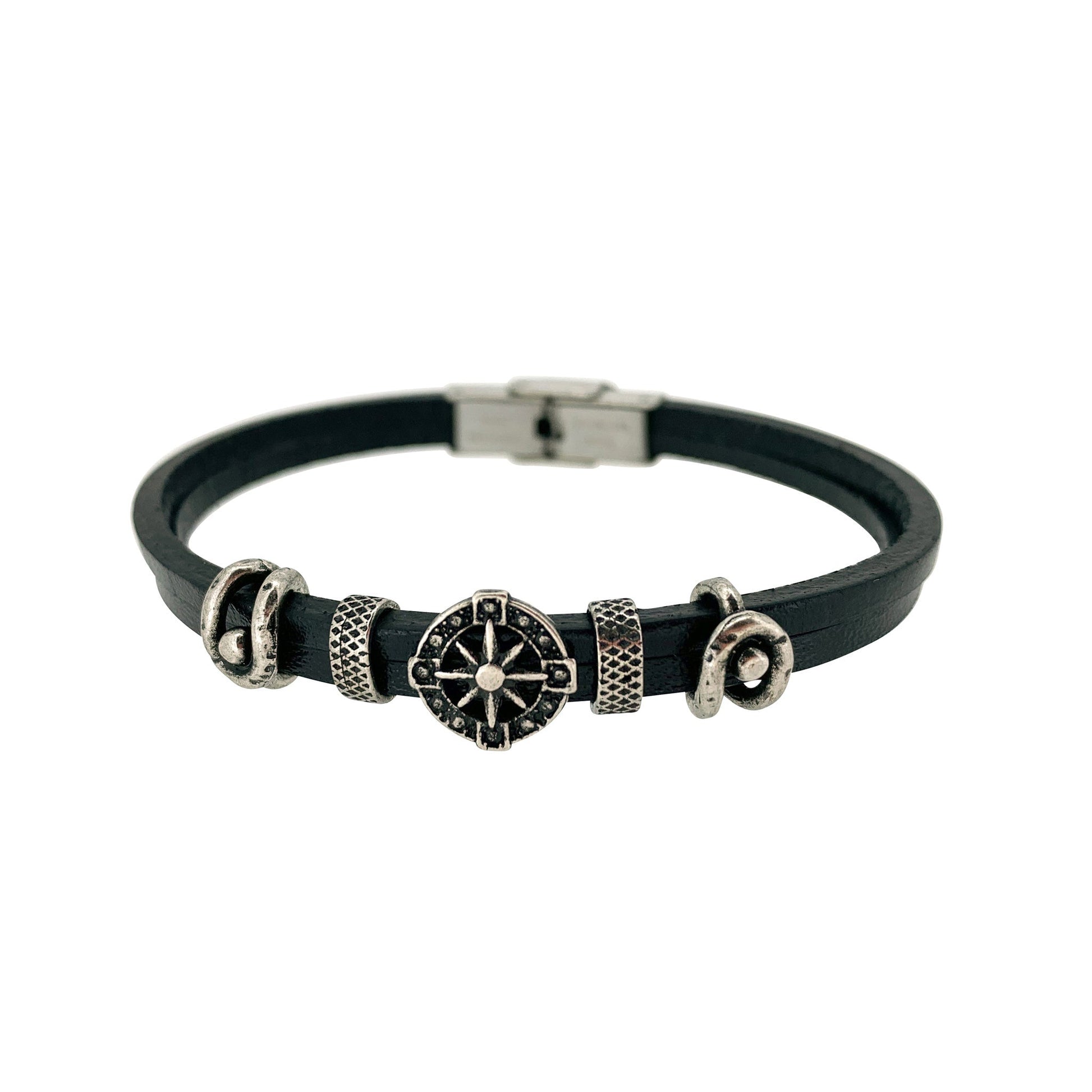 A leather cord bracelet with stainless steel nautical design displayed on a neutral white background.