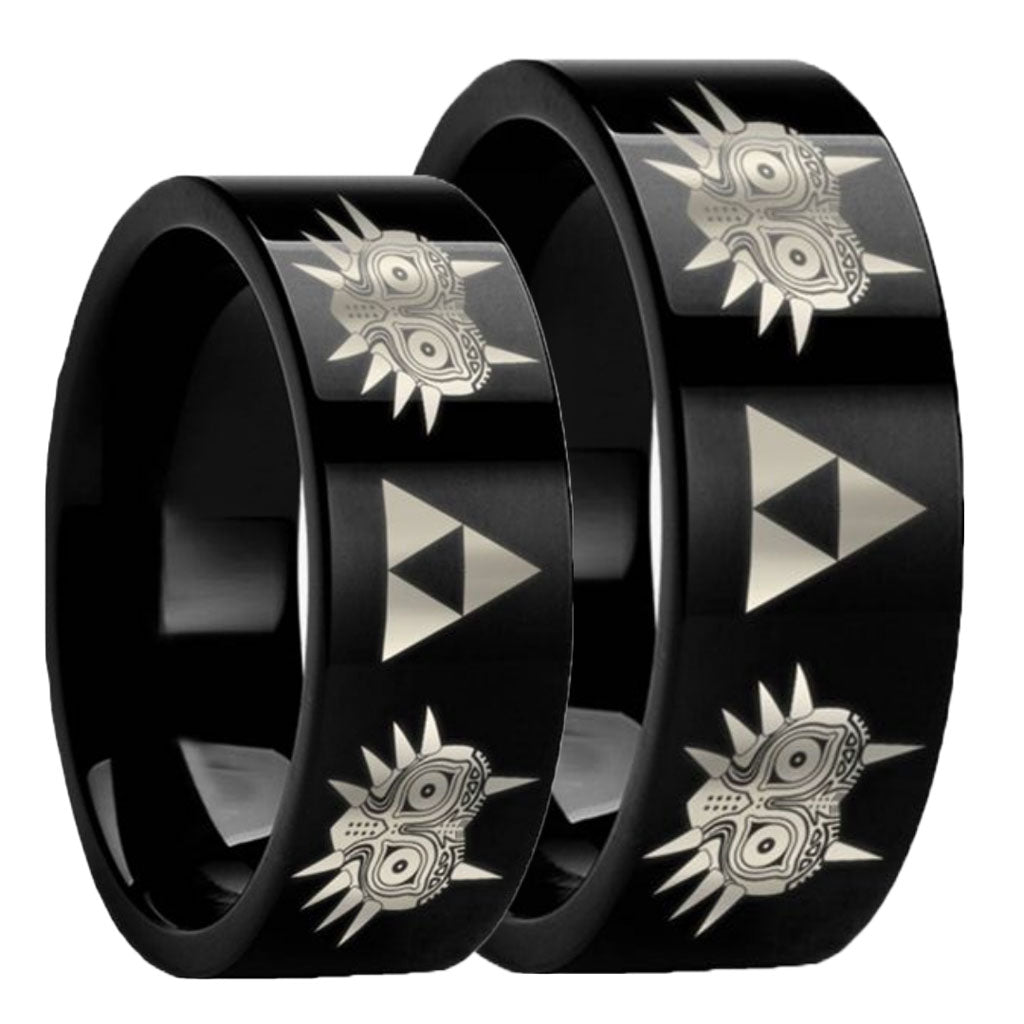 Legend of Zelda Majora Mask Triforce Engraved Black Tungsten Couple's Matching Wedding Band Set