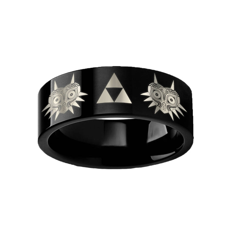 Legend of Zelda Majora Mask Triforce Engraved Black Tungsten Wedding Band